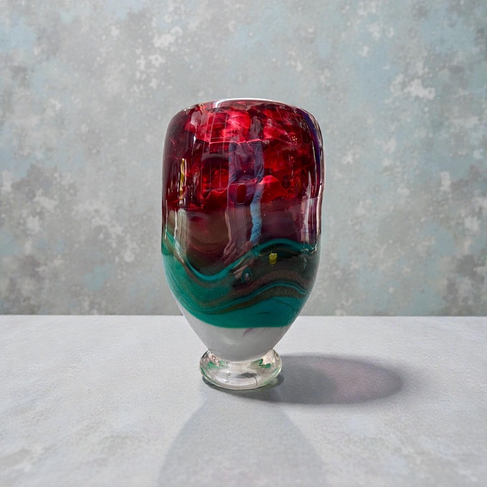 Art Glass Vase Swirl Red Teal White Footed Pedestal Unique Hand Blown Signed